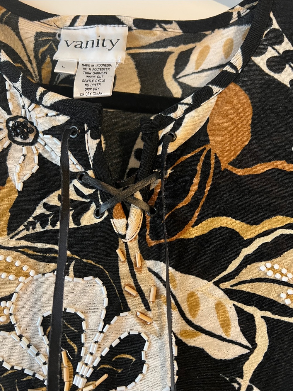 Vanity Black Floral Ruffle Sleeve Blouse with Gold Accents - Picture 3 of 7
